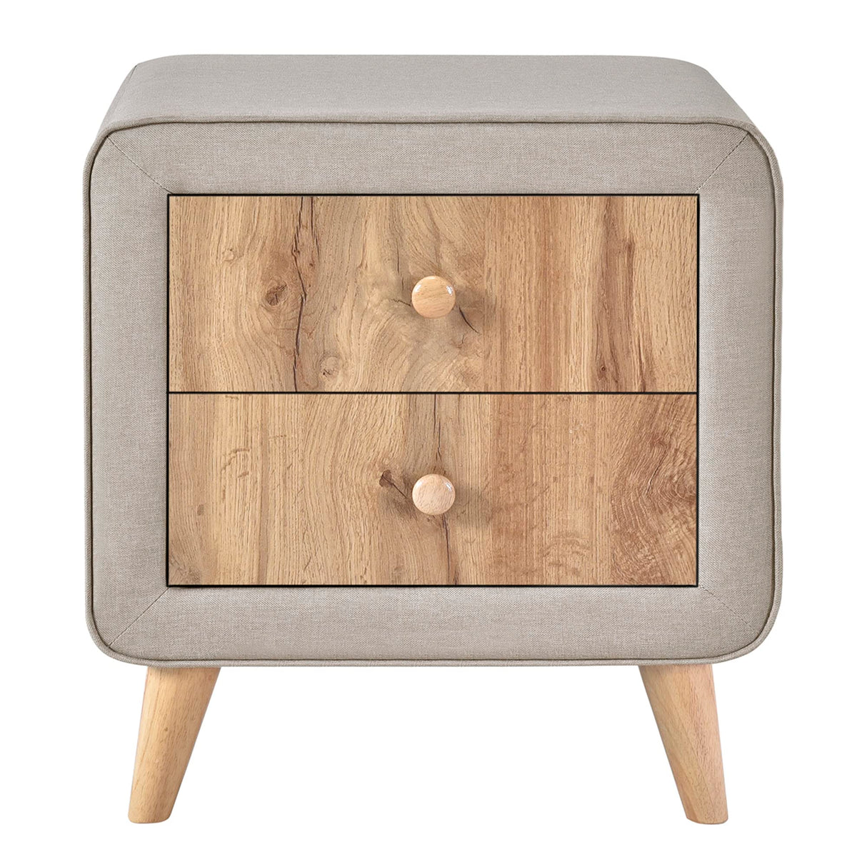 Upholstered Wooden Nightstand with 2 Drawers, Bedside Table with Rubber Wood Leg