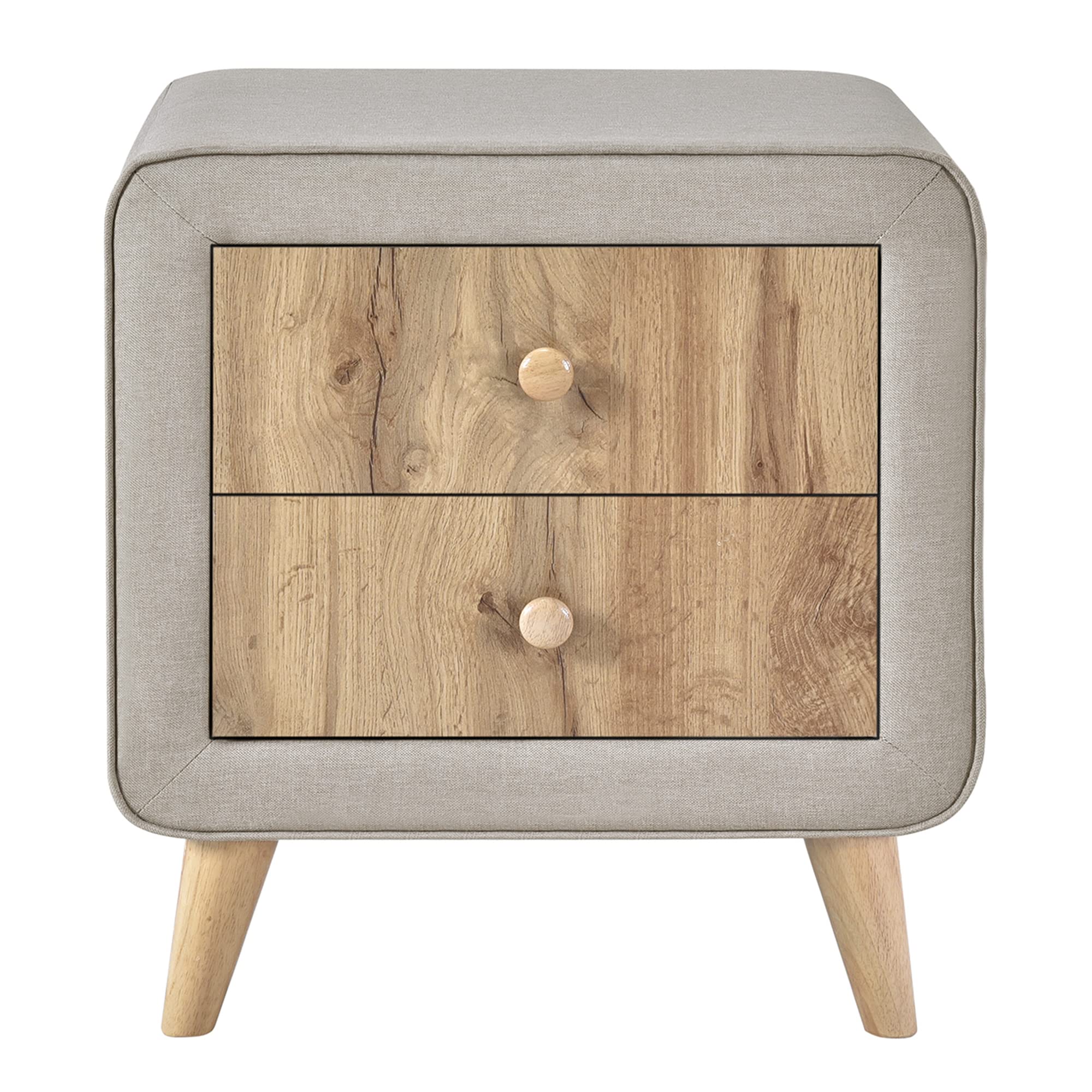 Upholstered Wooden Nightstand with 2 Drawers, Bedside Table with Rubber Wood Leg