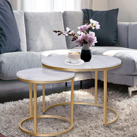 Round Coffee Table Set of 2 Modern Nesting Golden Frame Circular