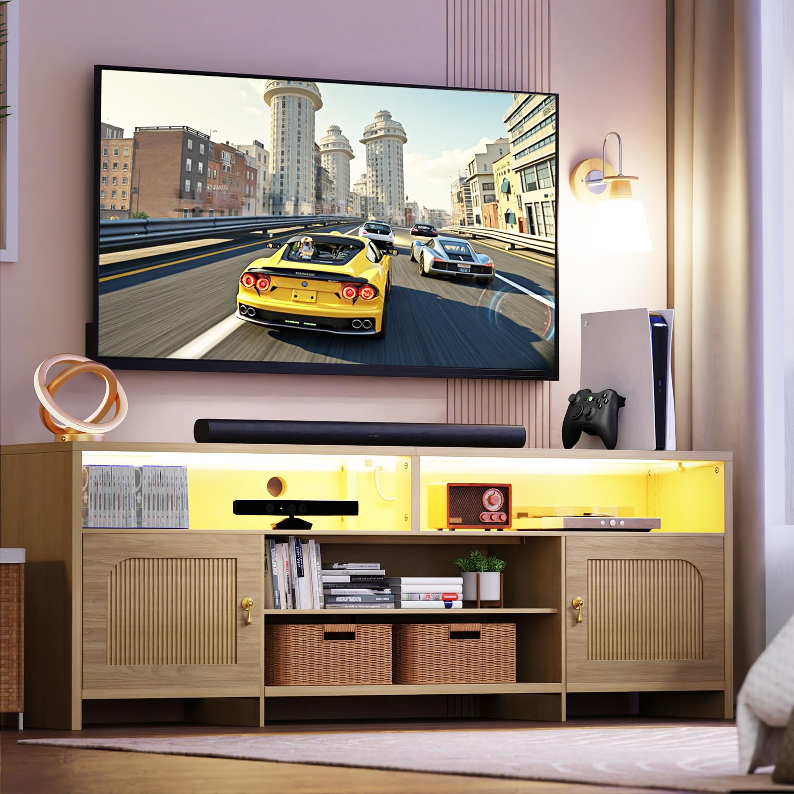 Fluted TV Stand for 70-85 Inch TV with LED Lights & Storage