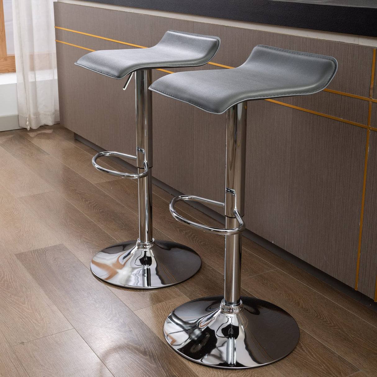 Contemporary Chrome Air Lift Adjustable Swivel Bar Stool, Set of 2, Gray