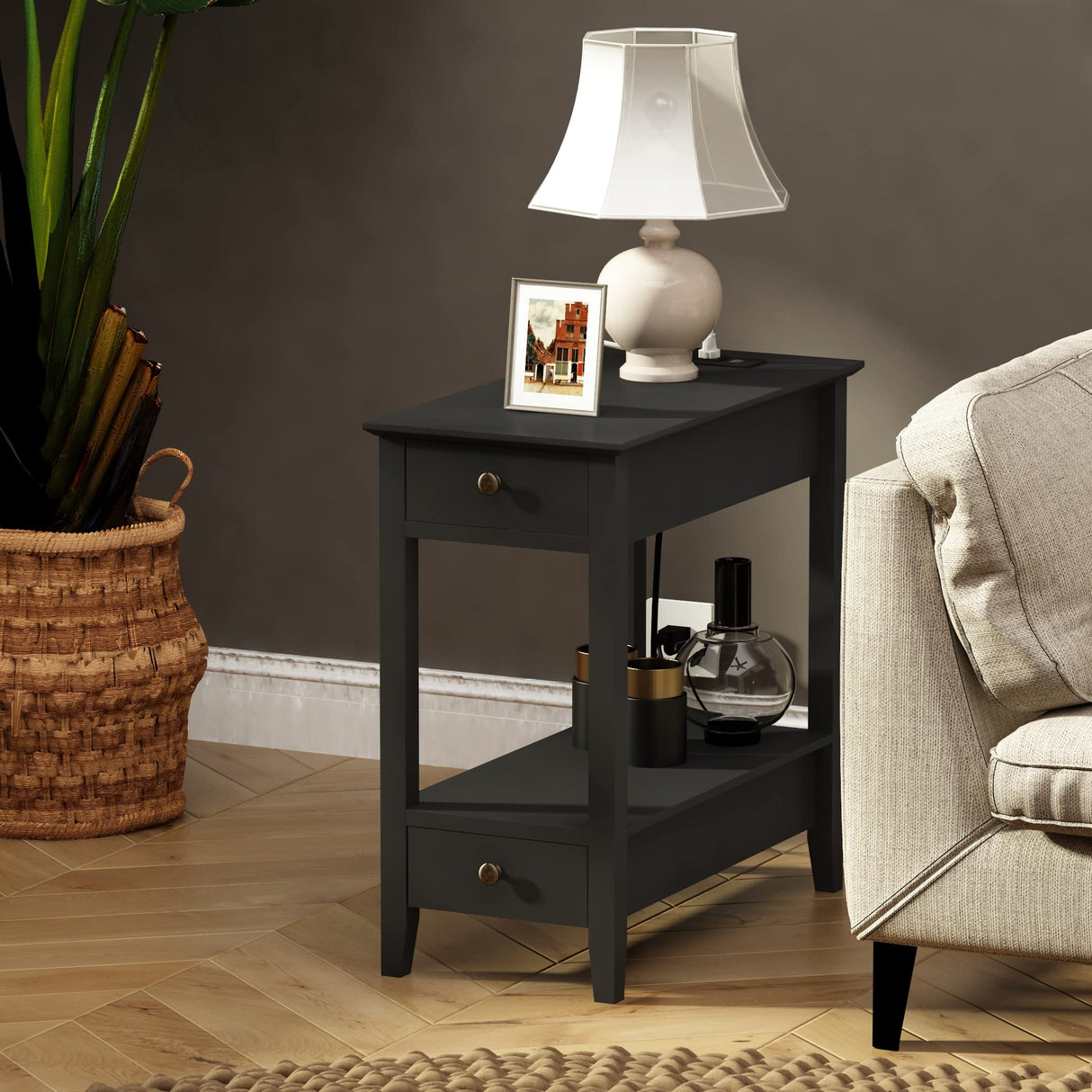 Side Table with Charging Station, Narrow End Table with Storage, 2-Drawer Nightstand