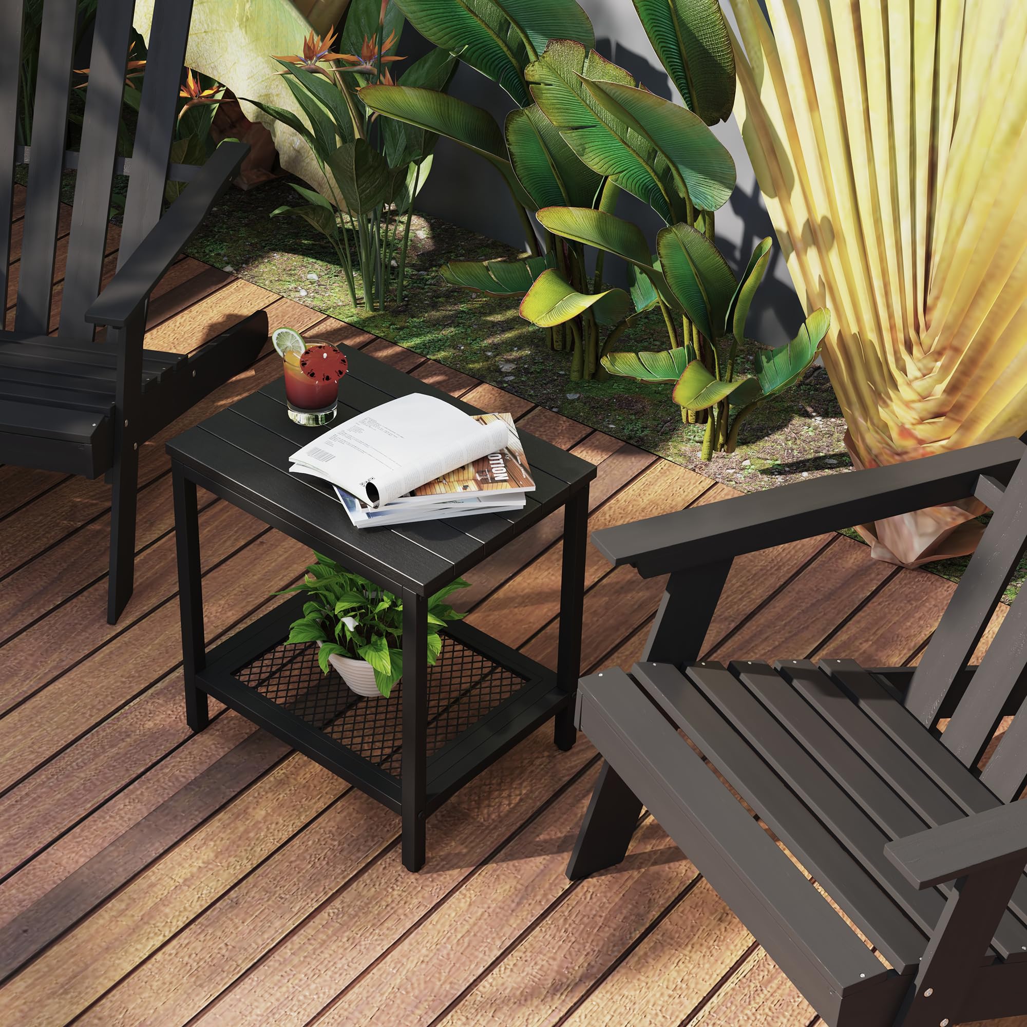 KAAPSAM Outdoor Side Table with Storage, 2 - Tier Patio End Tables Weather Resistant, Black Outdoor Accent Table,Small Side Table for Pool, Deck, Garden - Bircata