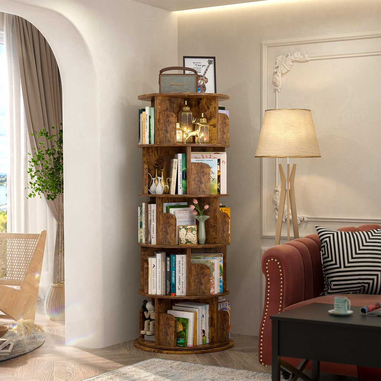 Rotating Bookshelf, 360 Display Wood Spinning Bookshelf Tower, 5 Tier Floor Standing