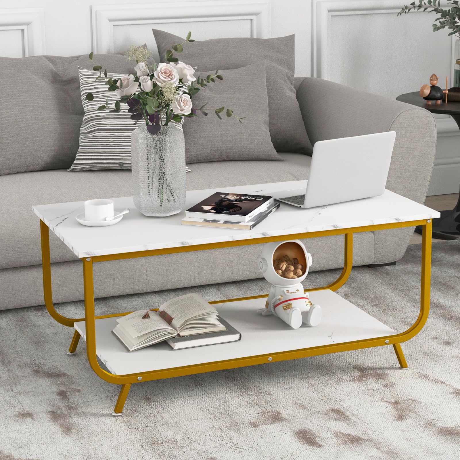2-Tier Coffee Table, Rectangular Center Cocktail Table with Faux Marble