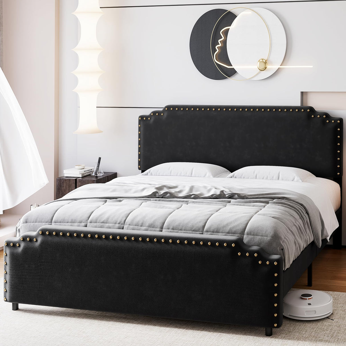 Queen Size Bed Frame with Headboard, Velvet Upholstered Platform Bed with Rivet Decor