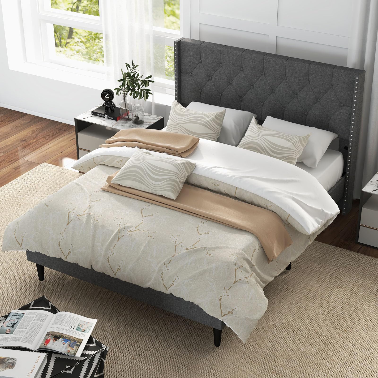 Full Size Upholstered Platform Bed Frame with Tufted Headboard