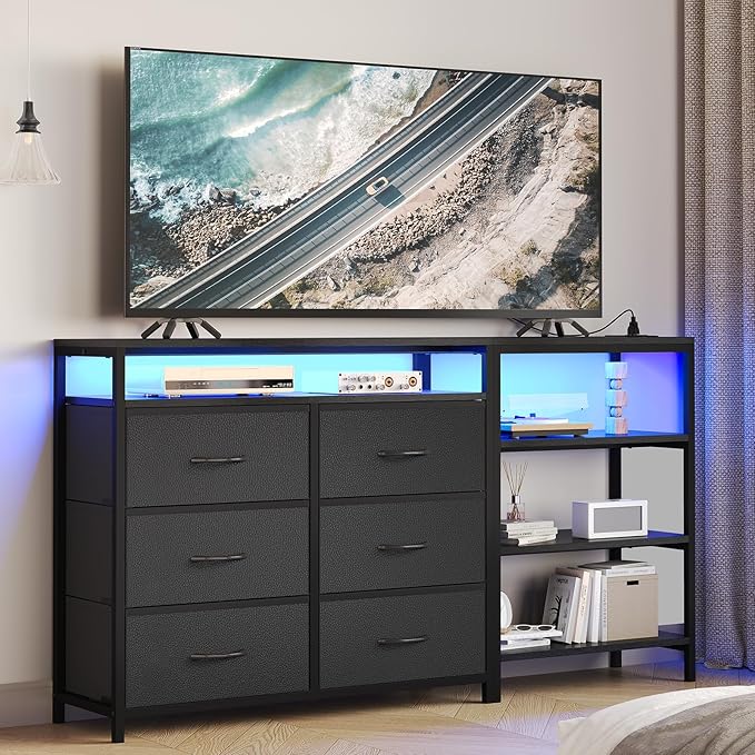 TV Stand Dresser Bedroom for 60 Inch TV with LED Lights & Charging Station