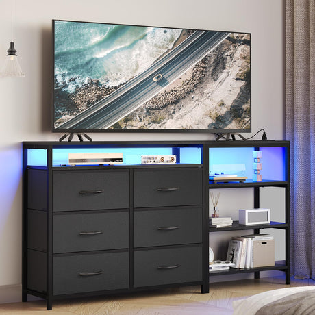 BTHFST TV Stand Dresser Bedroom for 60 Inch TV with LED Lights & Charging Station, Changable L Shape Corner TV Stand, 6 PU Drawers, 3 Open Shelves Entertainment Center (Black)