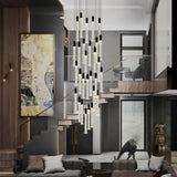 30-Light Modern LED High Ceiling Chandelier, Bubble Crystal Bar Staircase Chandelier, Large Black Height Adjustable Dimmable Light Fixtures, Pendant Lights for Living Room Entryway Foyer Stairwell