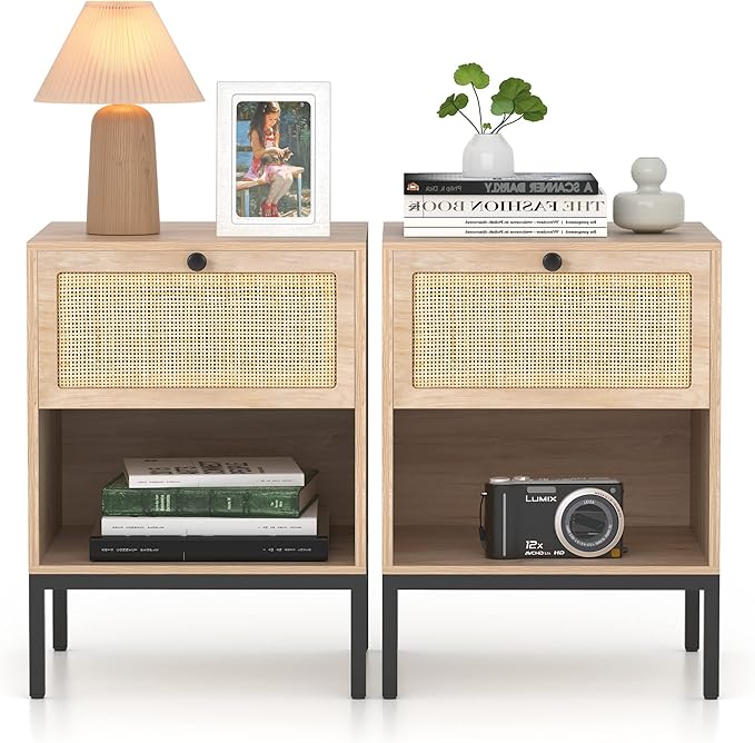 Fluted Nightstands with Drawer Storage, Bed Side Table, End Table, LED Nightstand with Charging Station,