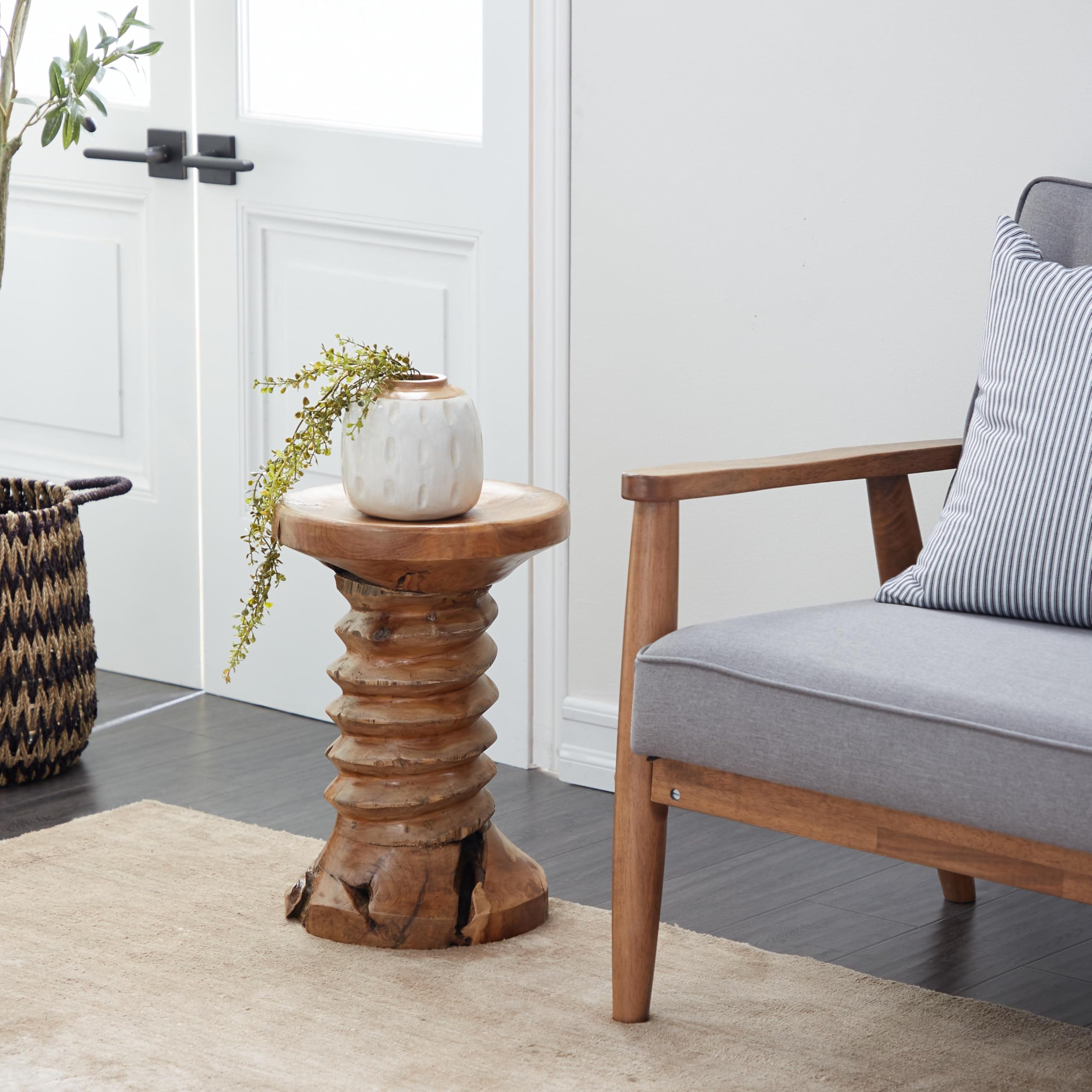 Teak Wood Handmade Live Edge Accent Table with Coiled Base, 13" x 13" x 19", Brown