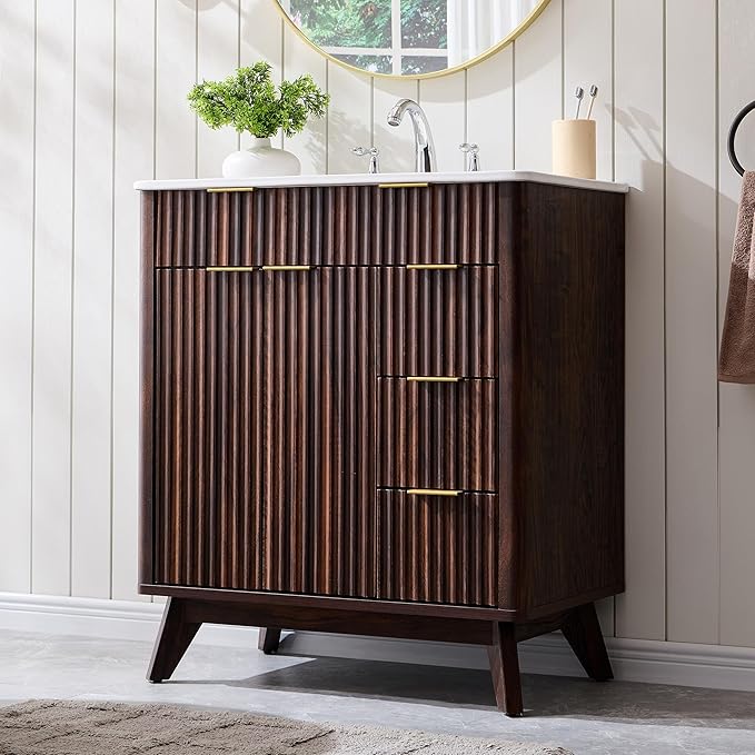 24" Fluted Bathroom Vanity with Ceramic Sink Combo，Freestanding Small Modern Bathroom Storage Vanity Cabinet