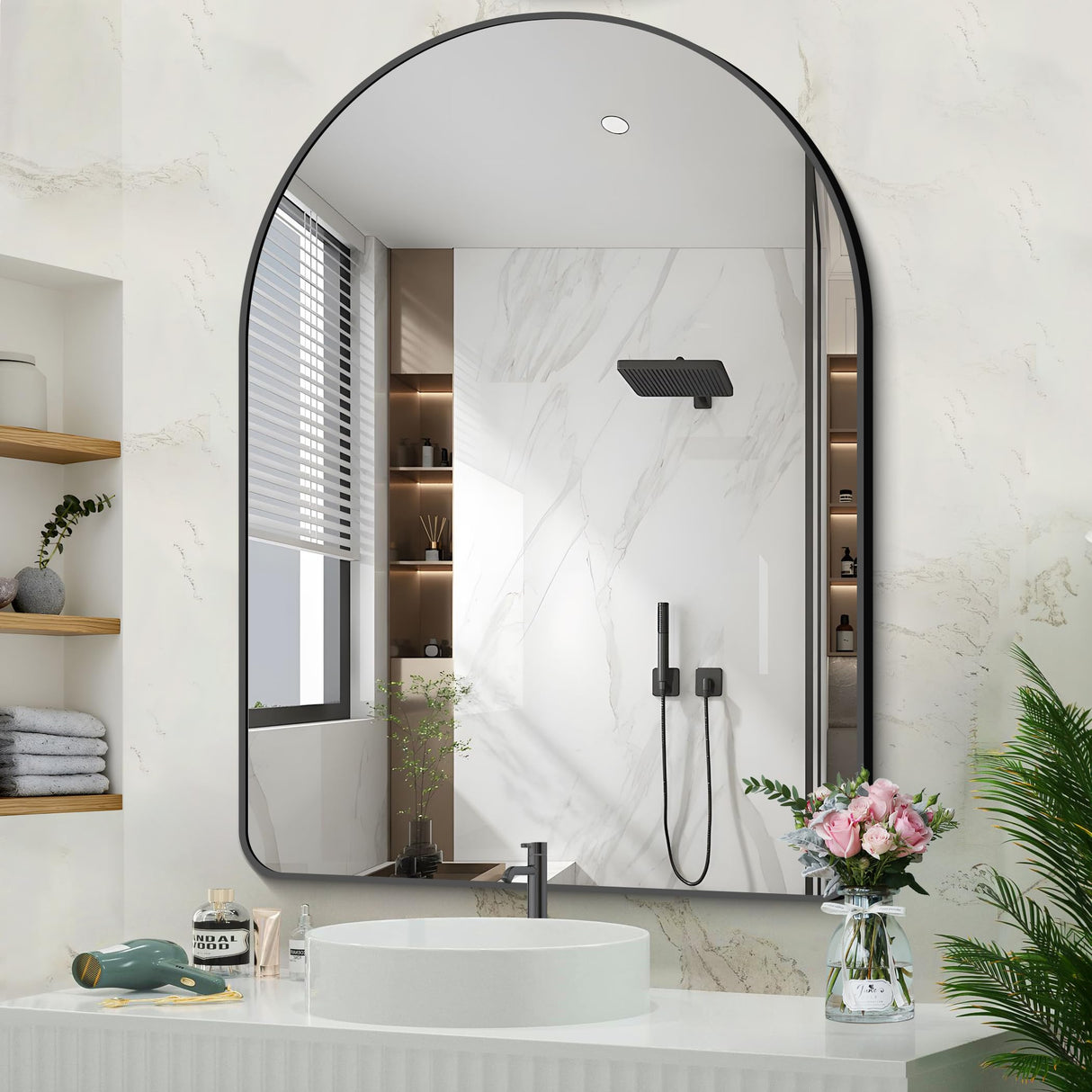 Arched Bathroom Mirror, 36"x48" Black Arched Mirror for Bathroom, Wall Mounted Mirror, Black Vanity Wall Mirror w/Metal Frame for Bedroom, Entryway, Living Room, Vertically Hanging