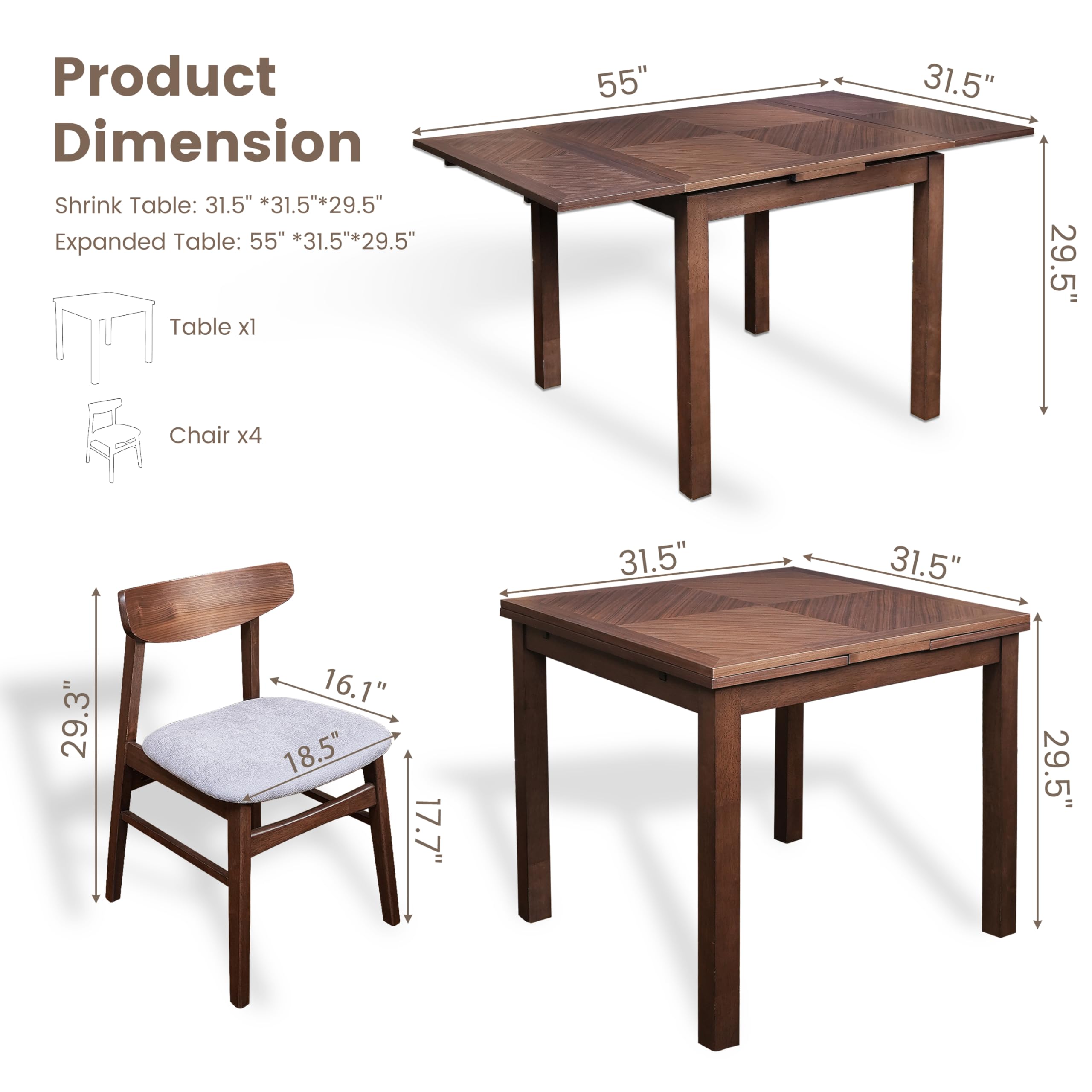 Extendable Dining Table Set for 4 - Walnut Veneer Space-Saving Design