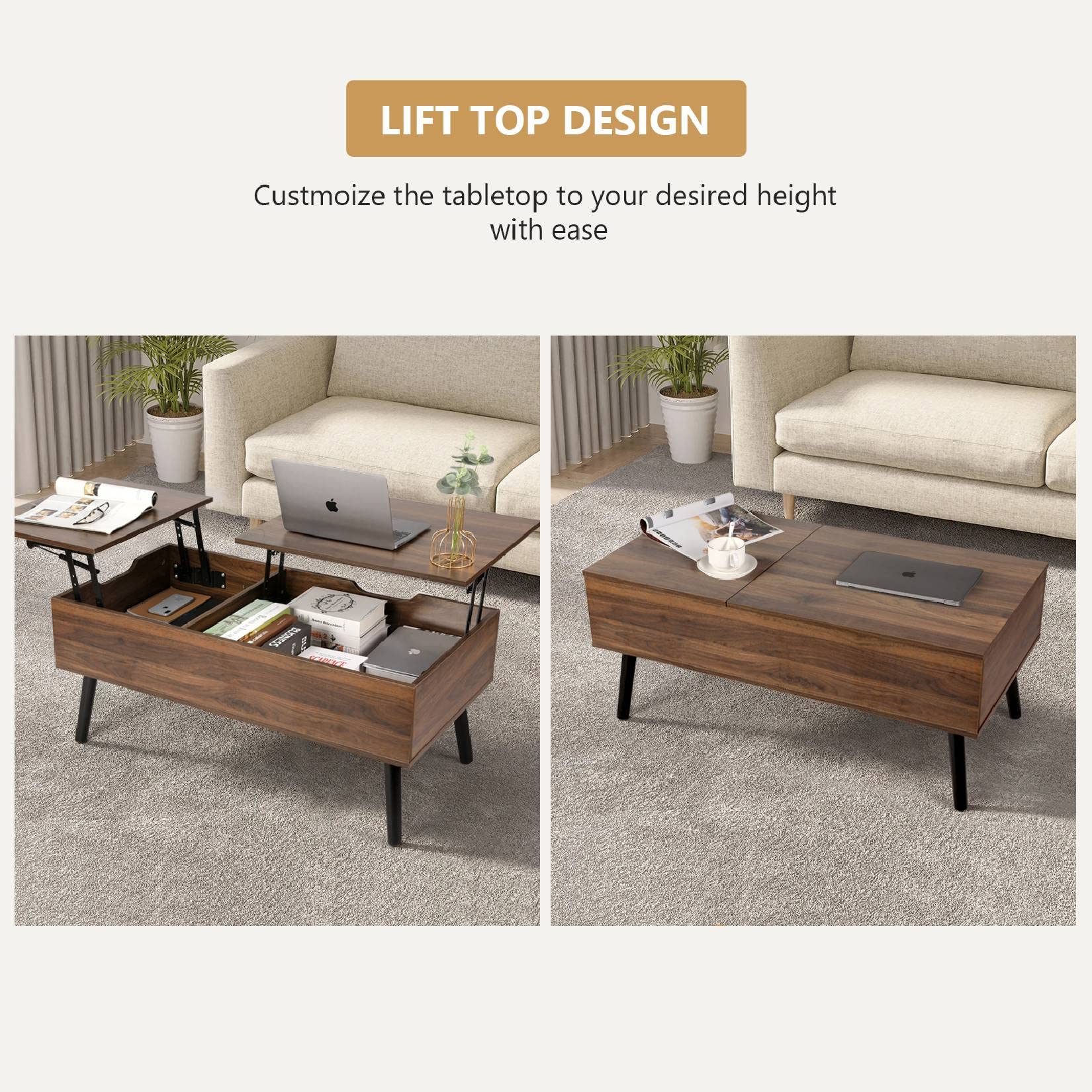 Coffee Table, Lift Top Coffee Table with Separate and Hidden Storage Compartment
