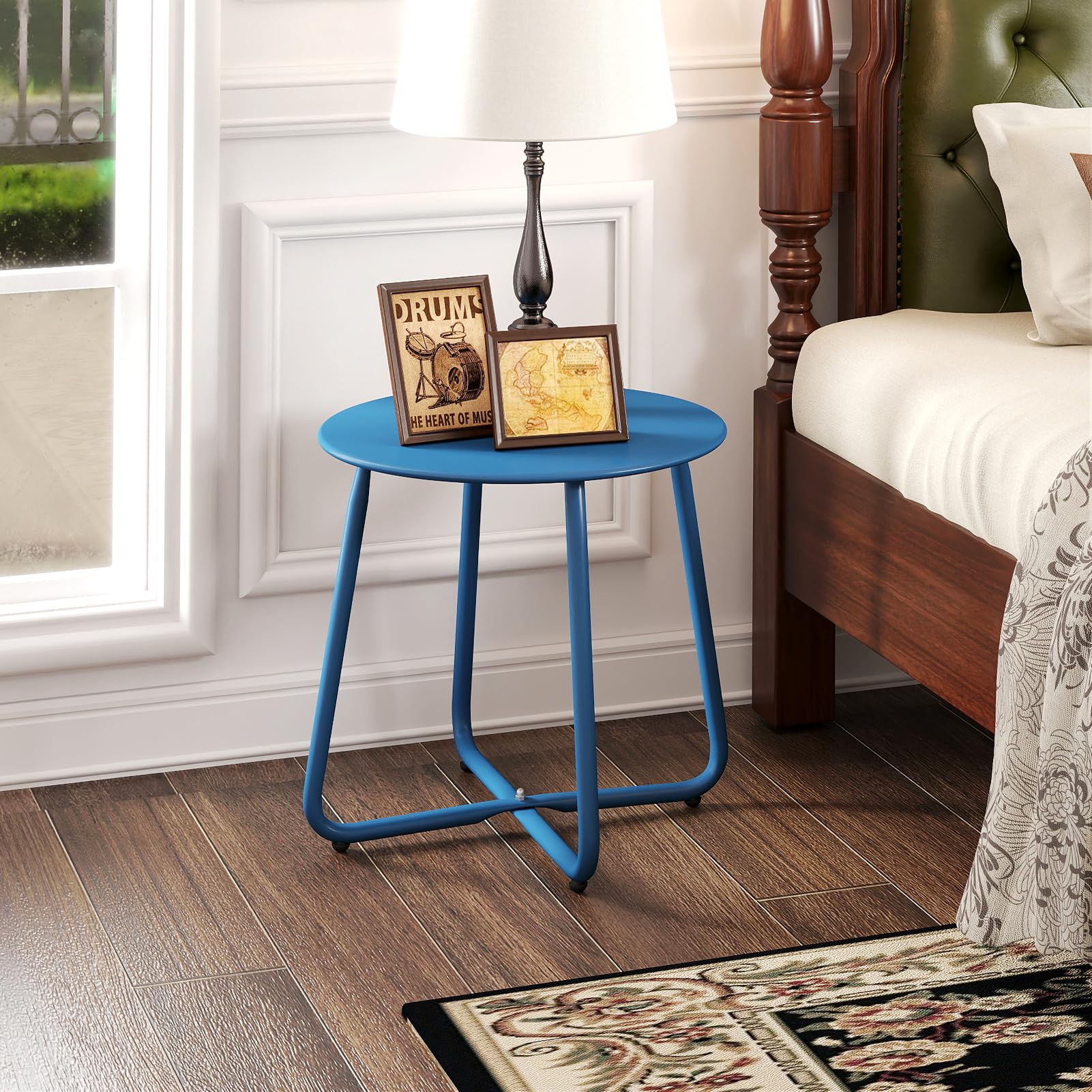HollyHOME Round Metal Side Table, Rust - Resistant Patio Small Plant Stand, Outdoor 17.32'' Portable End Table for Balconies, Gardens, Living Rooms and Bedrooms, Navy Blue - Bircata