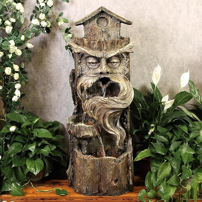 38.58" H Lighthouse Floor Waterfall Fountain with LED Lights 3-Tiered Rock Water Fountain