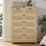 6 Drawer Dresser for Bedroom, Rattan Chest of Drawers with LED Lights, Wood Storage