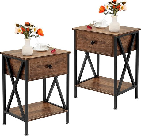 Night Stands for Bedroom Rustic Nightstand Bedside End Tables with Drawer Storage, 2 Pack, Brown(Set of 2)