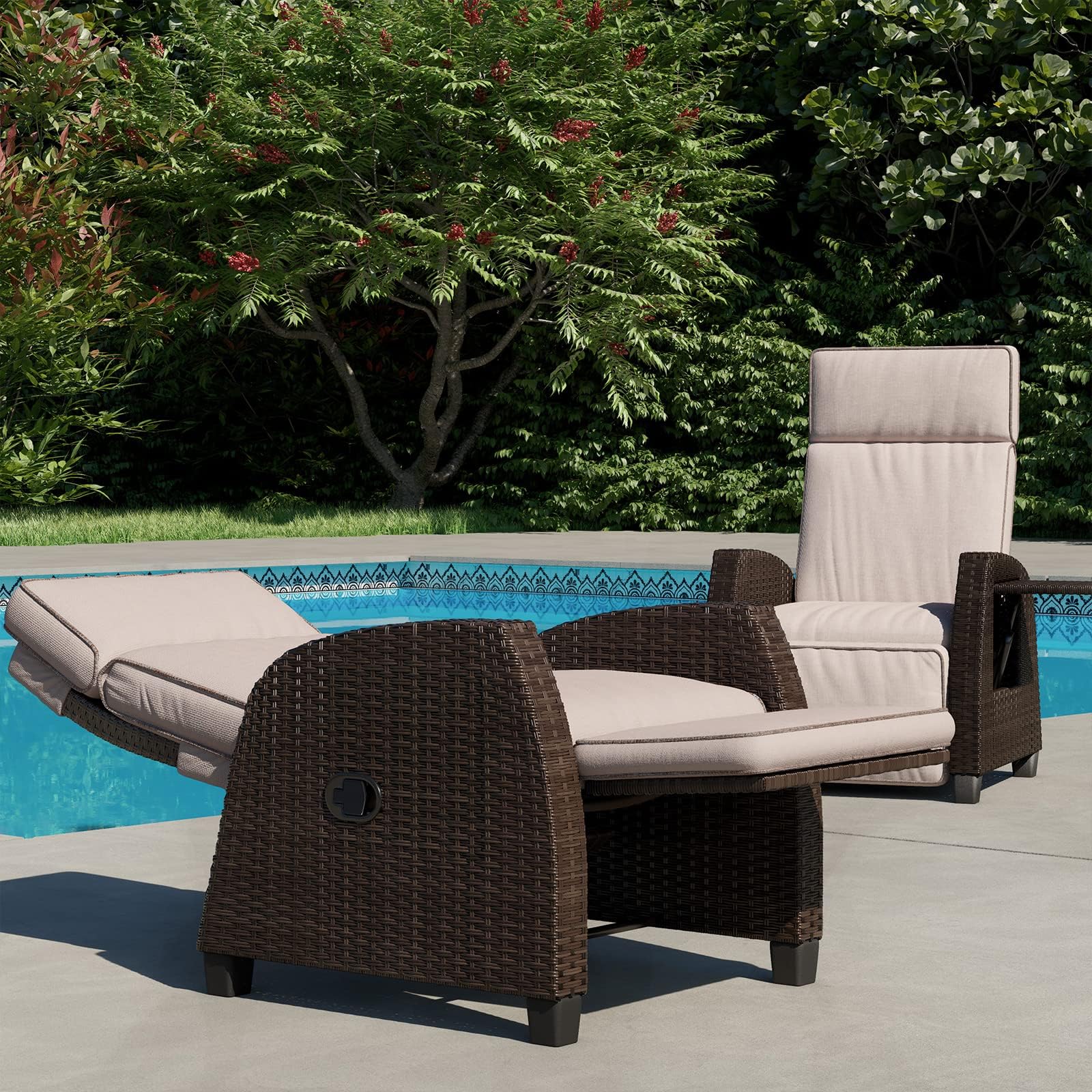 Moor Wicker Patio Recliner Chair – Built-In Table, Cushions & Linked Footrest Motion