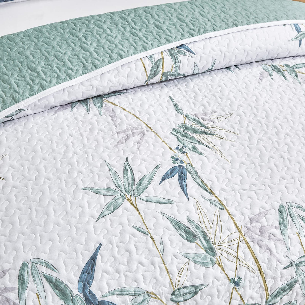 Green Leaves Printed on White Reversible Bedspread Coverlet Set