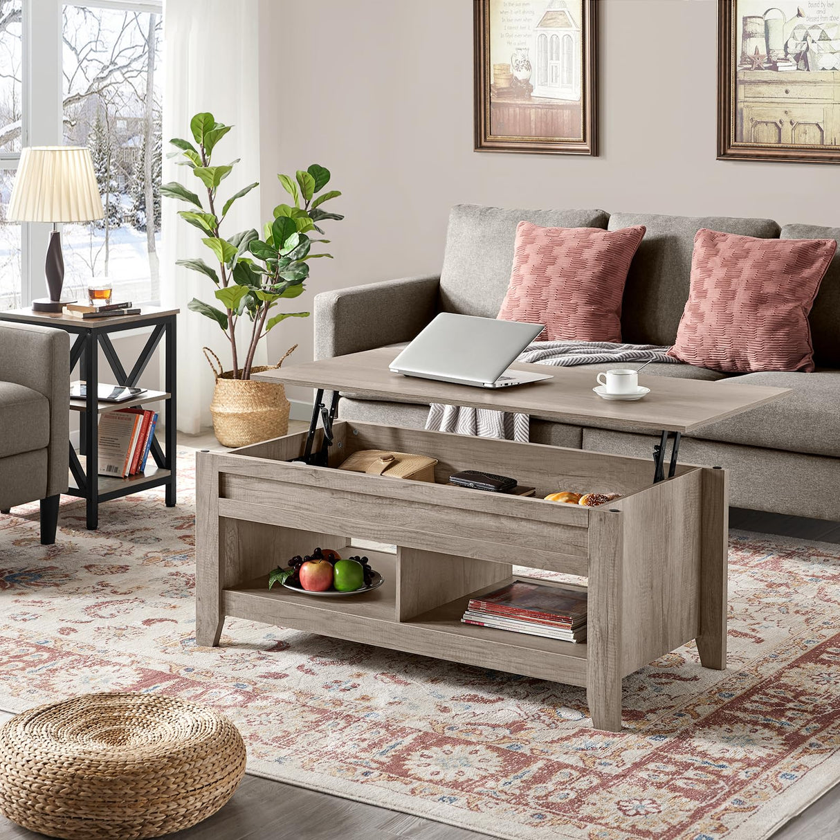 Lift Top Coffee Table with Hidden Storage Compartment & Lower Shelf