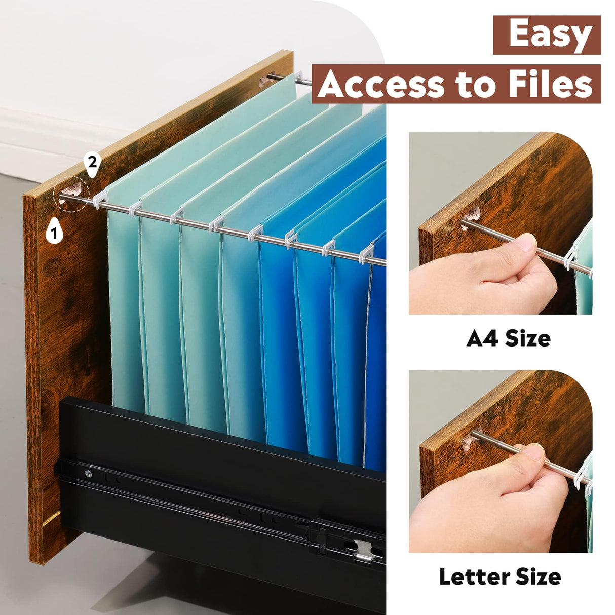 3 Drawer Rolling File Cabinet with Lock, Wood Filing Cabinet fits Letter
