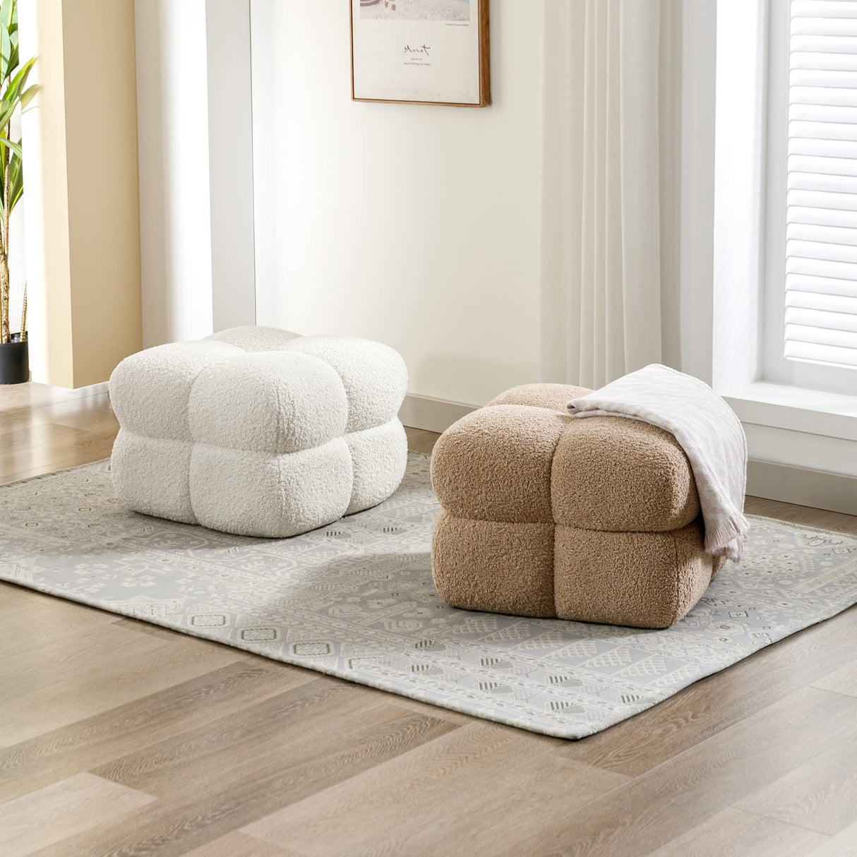 Couch Sherpa Pouf Chair 23.6" W Floor Pouf, White Fuzzy Square Ottoman