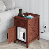 with Charging Station,Industrial/Farmhouse End Table with Drawers & Cabinet,Side Table with Door and Storage Shelf,Side Tables for Living Room,Bedroom,Office (Rustic Cherry)