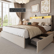 Queen Bed Frame with Storage Drawers, LED Lights & Charging Station