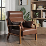 Mid-Century Modern Accent Chair with Removable Armrest Pillows, Upholstered Lounge Arm Chair with Heightened Headrest, Wood Frame & Soft Cushion for Living Room, Bedroom, Brown PU Leather