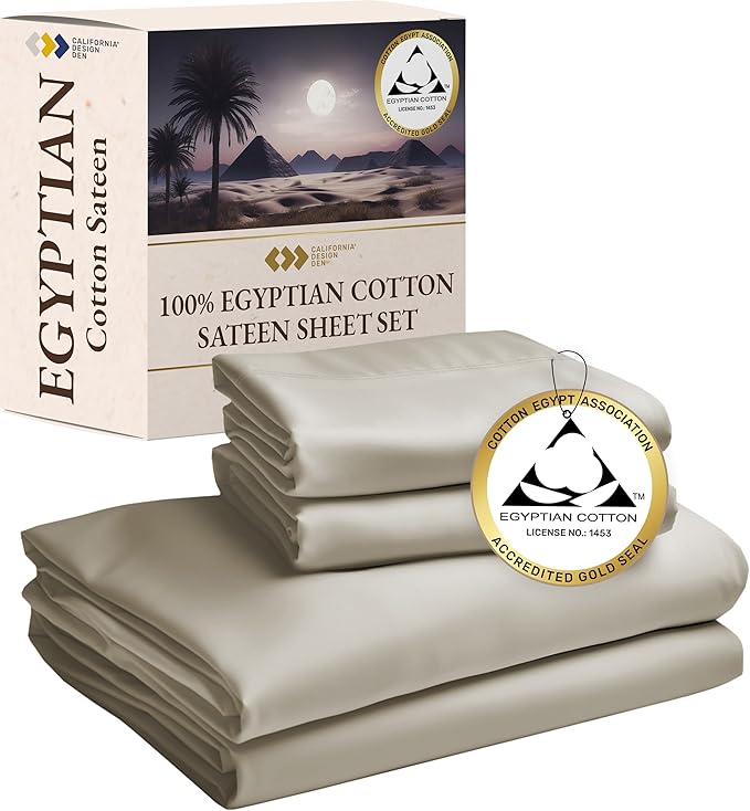 Certified Luxury 100% Egyptian Cotton Sheets, King Size Bed Sheets, 4 Piece Deep Pocket Sateen Cooling