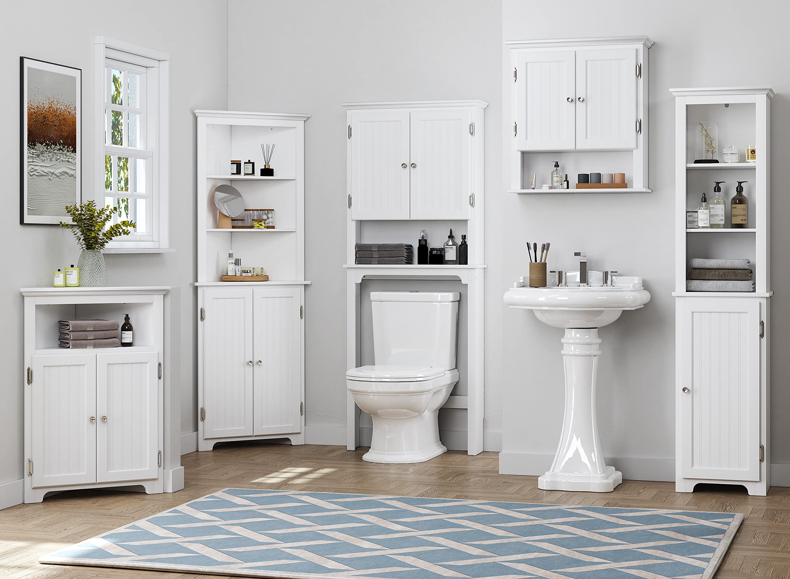 64" Freestanding Storage Cabinet, Bathroom Tall Silm Cabinet with Doors and Adjustable Shelves,