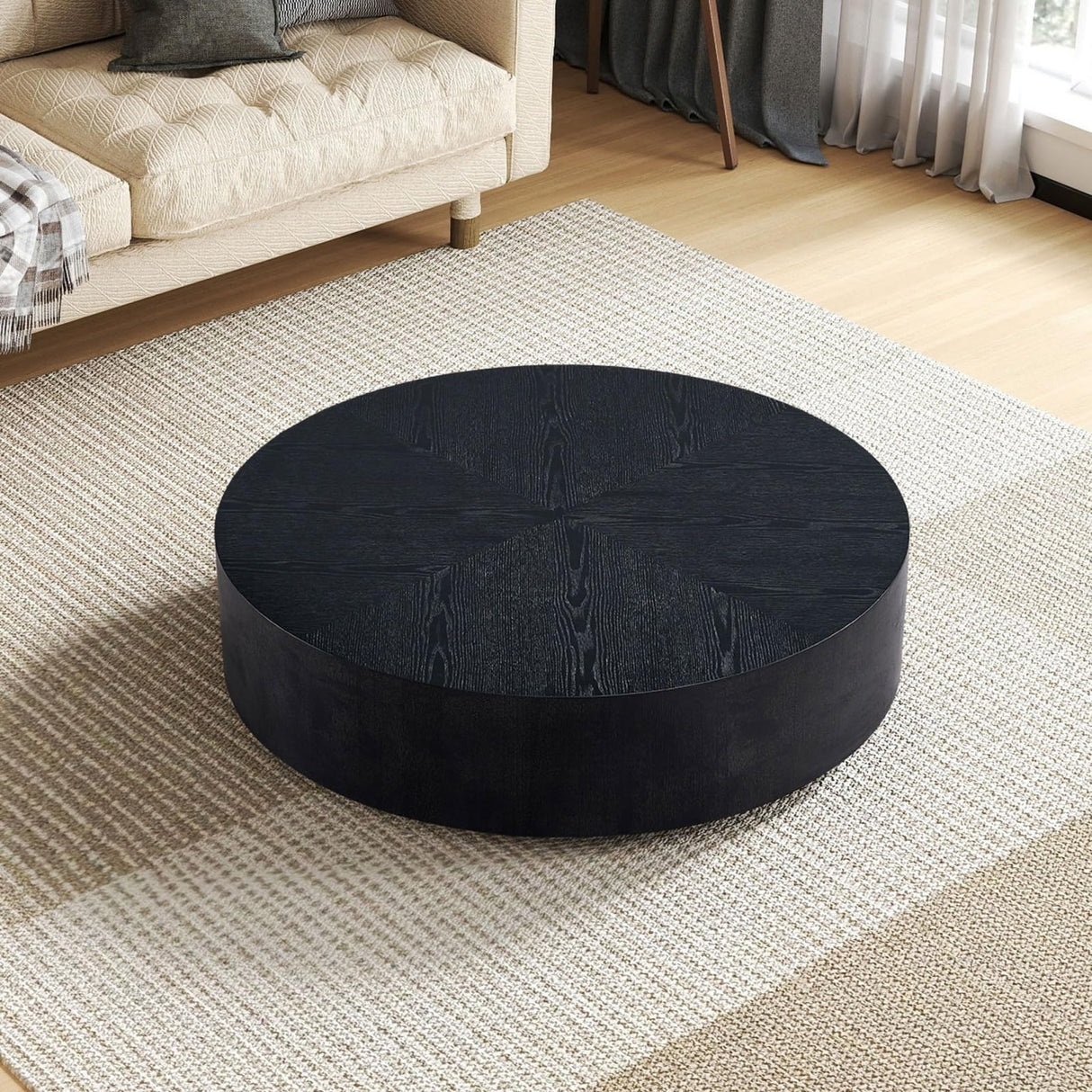 35.43 Inch Round Coffee Table, Drum Coffee Table for Living Room