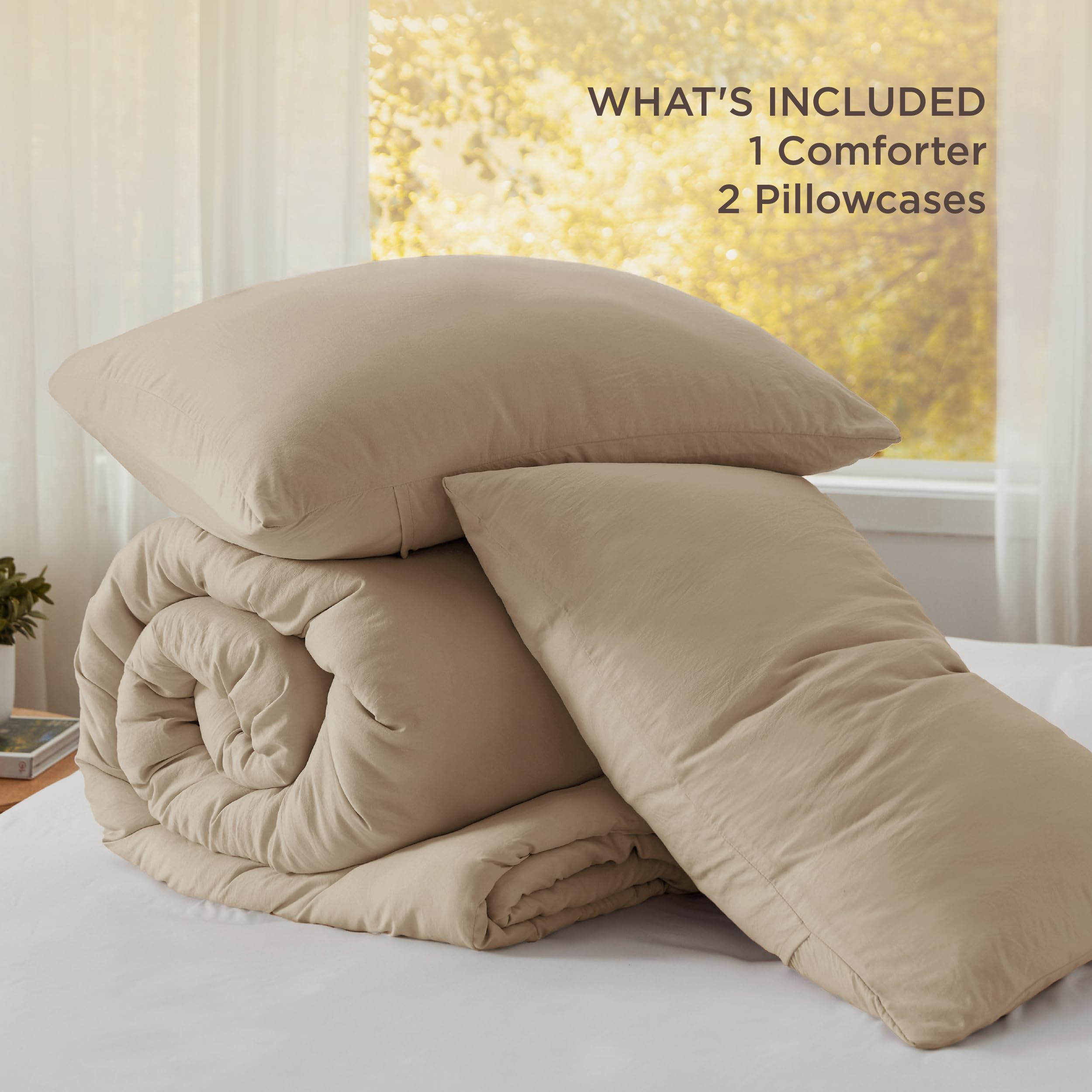 Queen Size Comforter Set - Khaki Prewashed Bedding 3-Piece