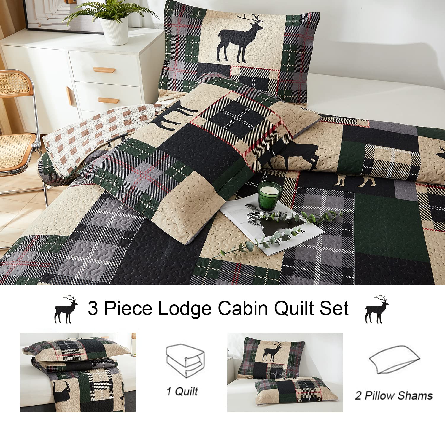 Lodge Bedspread Set Full/Queen Size Rustic Cabin Quilt Set Deer Bedding sets