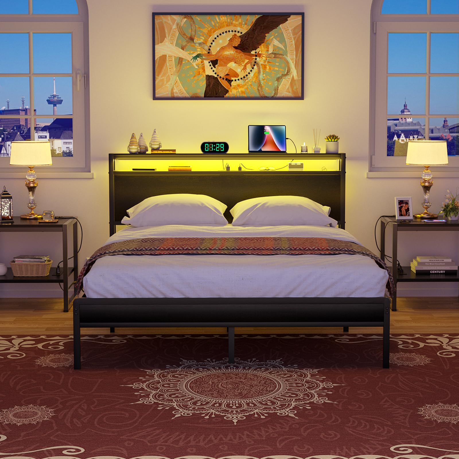 Queen Size Bed Frame with Charging Station and Led Lights, Industrial Metal Platform Bed with Storage Headboard, Steel Slat Support, No Box Spring Needed, Noise-Free, Easy Assembly, Black