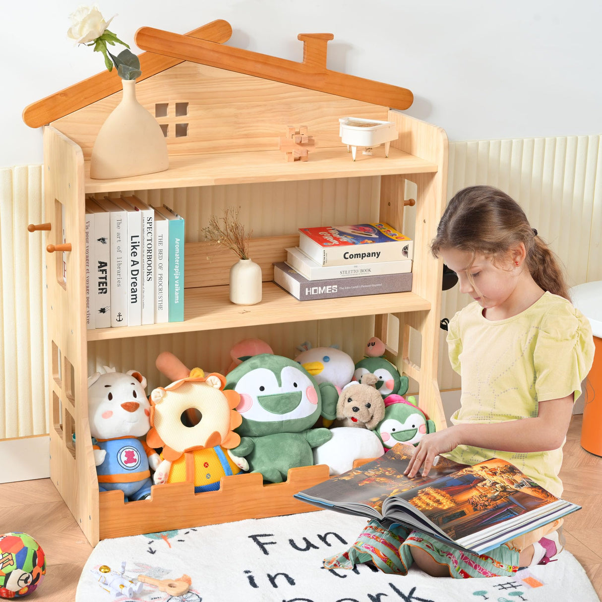 Kid Bookshelf & Toy Storage Organizer, Wooden 4 Tier Montessori Bookshelf