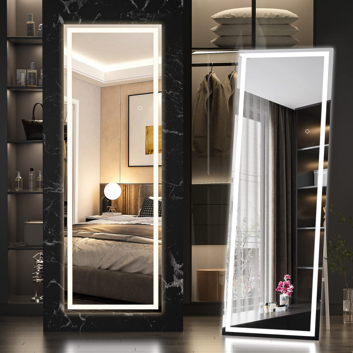 Full Length Mirror with Lights, 56" x 16" LED Floor Mirror, Full Body Dressing Standing