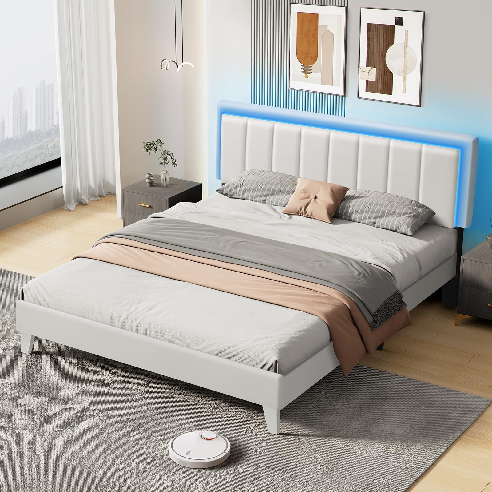 Queen Bed Frame with LED Lights, Upholstered Bed Frame Queen with Headboard