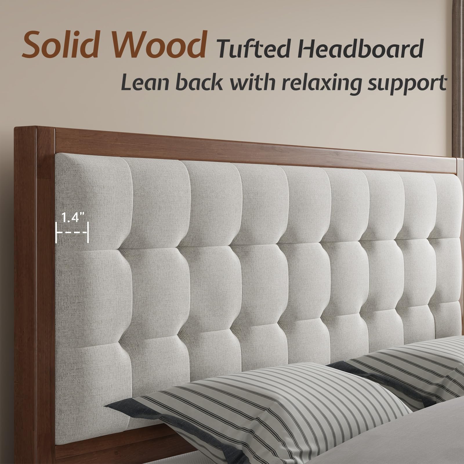 King Size Wood Bed Frame with Tall Tufted Headboard - Walnut