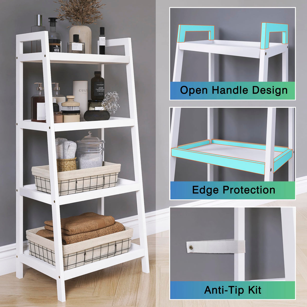 Ladder Shelf, 4 Tier Bamboo Bookshelf, Bathroom Storage Organizer Plant Display Stand, Freestanding Open Shelving Unit with Handles for Home Office (White)