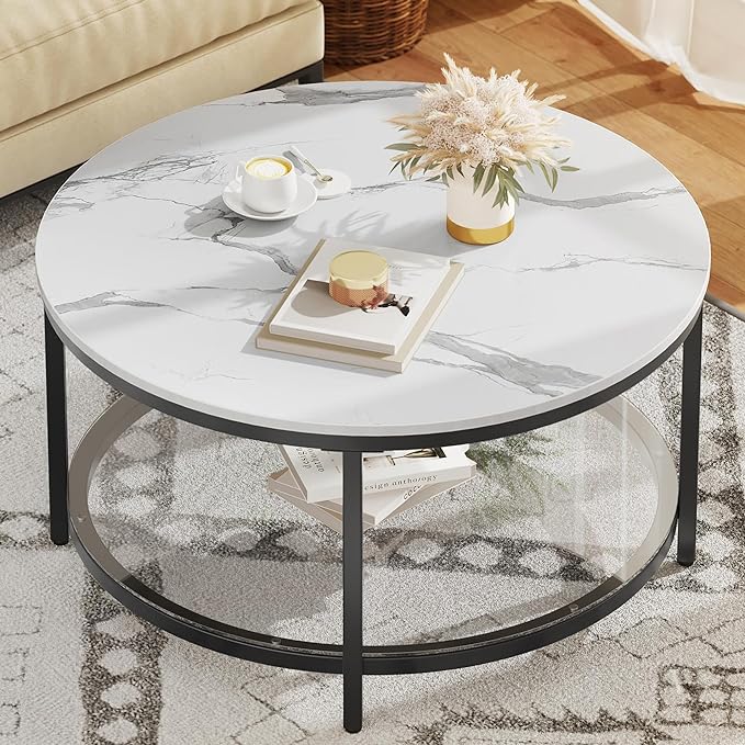 White Marble Round Coffee Table with Glass for Living Room, 2-Tier Circle Coffee Table