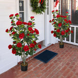 2 Pack Artificial Camellia Trees 42in/3.5ft Flowers Trees with 36 Rose Red Flowers Fake