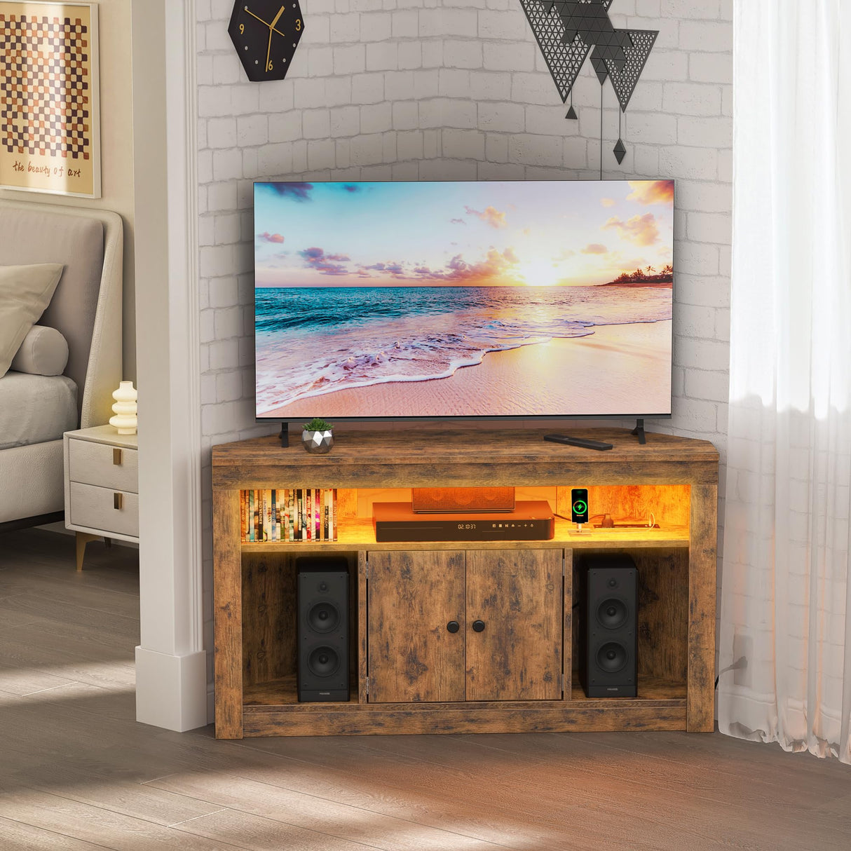 Full Wooden Corner TV Stand with Power Outlet and LED Light for 50 55 inch TV, Corner