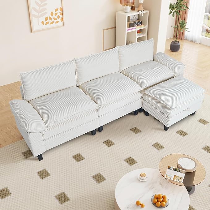 L Shaped Modular Sectional Sofa, 118" Corduroy Cloud Sectional Couch
