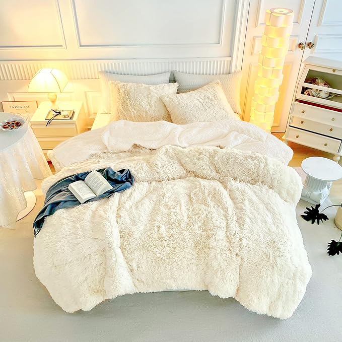 Gray Faux Fur Comforter Set Full/Queen 3 Pieces - 1 Shaggy Comforter 90x90 and