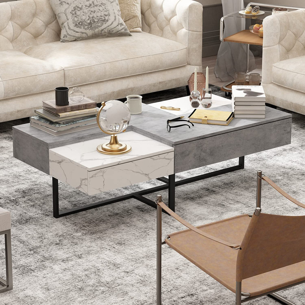 Modern Design Coffee Table with 4 Drawers & Metal Legs, Wood Center Table