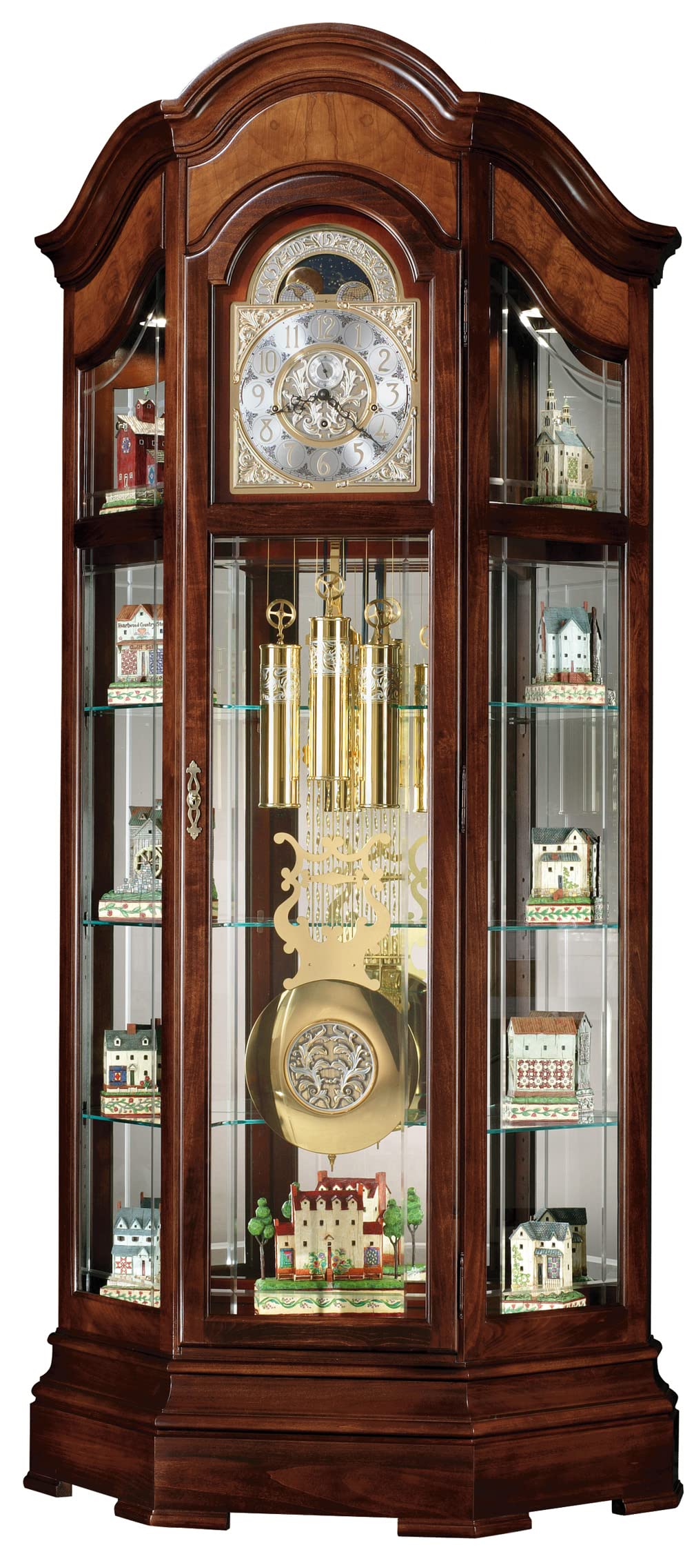 Liskov Floor Clock II, Wood Finish Curio Cabinet, Triple Chimes & Pendulum Volume